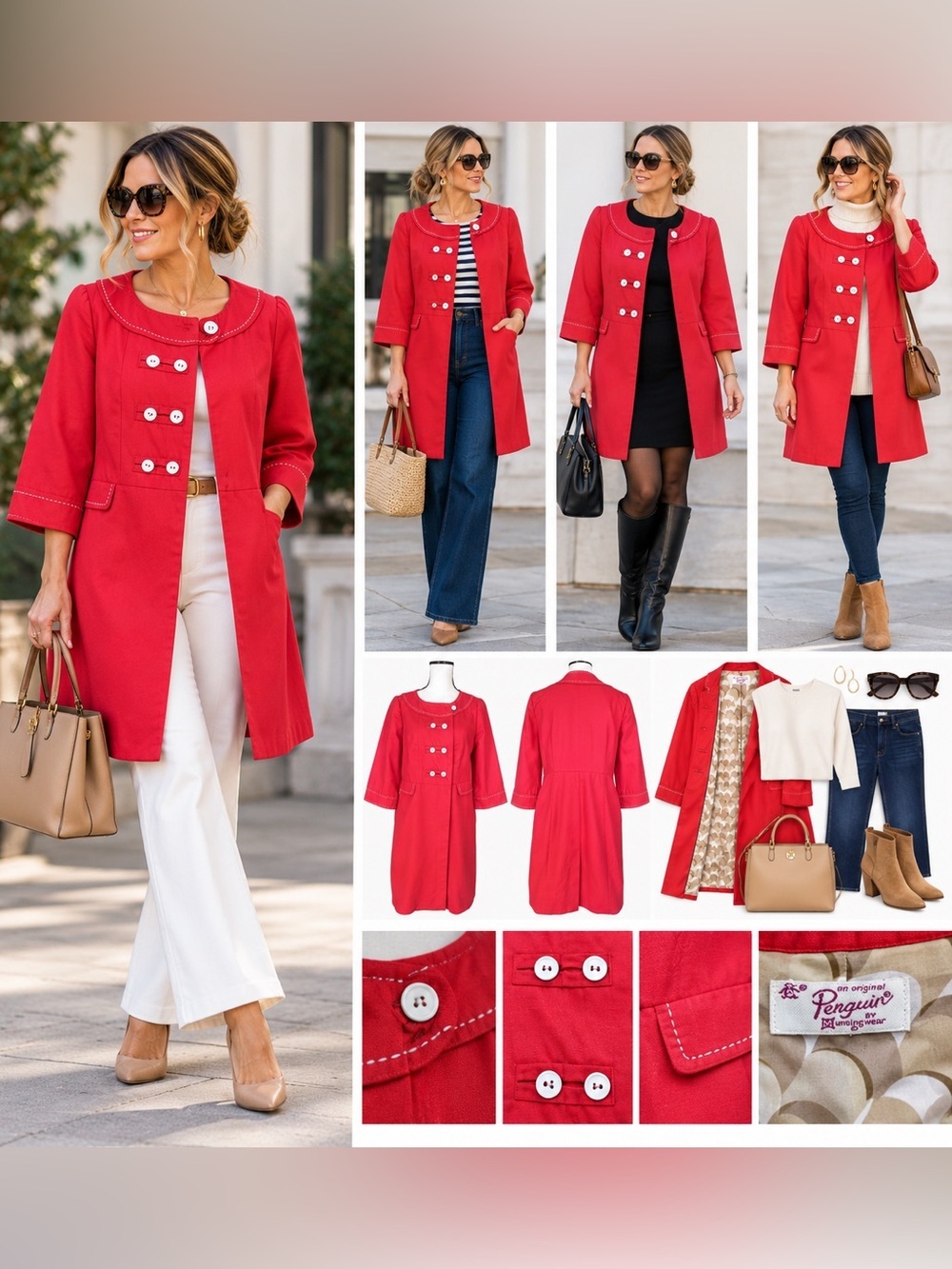 Penguin by Munsingwear Red Trench Coat Jacket P\S Retro Mod Swing Coat
